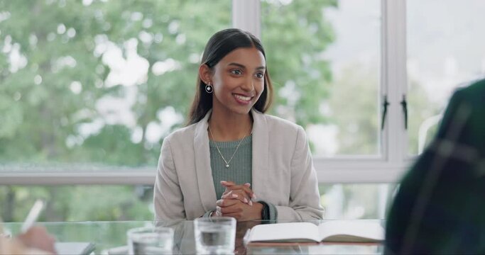 Meeting, talking and a woman with a report for a manager, proposal and planning paperwork at work. Smile, business and a young corporate employee with a document for a boss during a collaboration