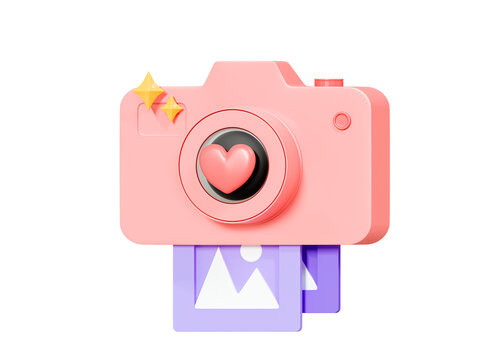 3D Pink camera with print image. Photo in social media. Camera with heart on lens. Purple snapshot. Cute emoji in pastel colors. Cartoon creative design icon isolated. 3D Rendering