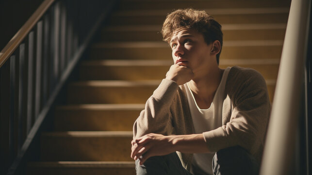 Lost in thoughts - A young man sitting alone on a stairwell, engrossed in deep contemplation, beautifully capturing the essence of introspection
