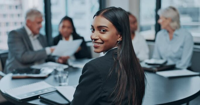 Portrait, professional and strategy for meeting with indian woman at company for planning for collaboration. Success, face and business person in boardroom for teamwork with management with smile.