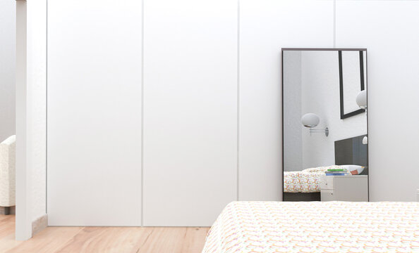 Poster frame mockup in home interior background with minimalist bedroom decoration. Interior design and decor. 3d render.