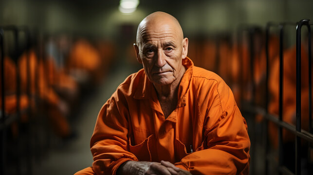 An elderly criminal sits at the prison. Generative AI