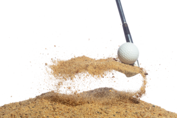 Golf ball explode from sand bunker. Golfer hit ball with club to sand explosion to green. Golf club hit ball in sand bunker explosion. White background isolated freeze motion