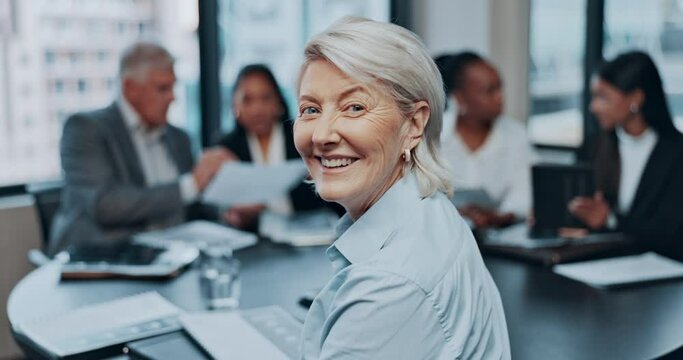 Meeting, collaboration and a senior business woman in the boardroom with her team for planning or training. Portrait, teamwork and smile of a female manager in an office for a strategy workshop