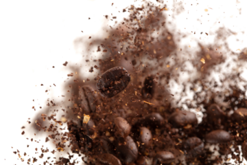 Coffee bean powder fly explosion, Coffee crushed ground float pouring, wave like smoke smell. Coffee bean powder splash throwing in mid Air. White background Isolated selective focus blur