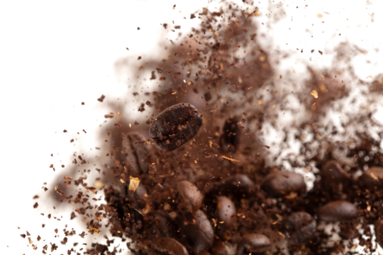 Coffee bean powder fly explosion, Coffee crushed ground float pouring, wave like smoke smell. Coffee bean powder splash throwing in mid Air. White background Isolated selective focus blur
