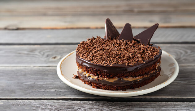 A peace of vegan chocolate davil cake on grey wooden background
