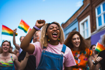 Young black woman at the front of a pride march LGBTQ+ diversity and community concept arching together championing diversity proud and united - obrazy, fototapety, plakaty