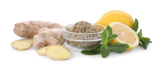 Ginger, lemon, dry herbs and fresh mint for cough treatment. Cold remedies on white background
