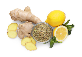 Ginger, lemon, dry herbs and fresh mint for cough treatment. Cold remedies on white background, top view