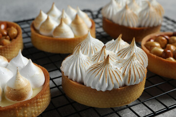 Many different tartlets on cooling tray, closeup. Tasty dessert