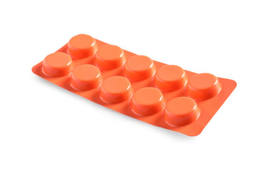 Blister of pills on white background. Medicinal treatment