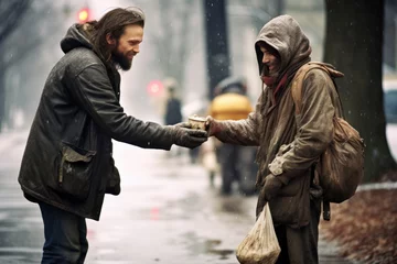 Fotobehang Verenigde Staten photo portrait of a passer-by man gives food and money to homeless man with old clothes and messy dirty grey hair. sitting and begging money 'n food on a american street. cold rainy day. Generative AI