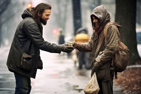 photo portrait of a passer-by man gives food and money to homeless man with old clothes and messy dirty grey hair. sitting and begging money 'n food on a american street. cold rainy day. Generative AI