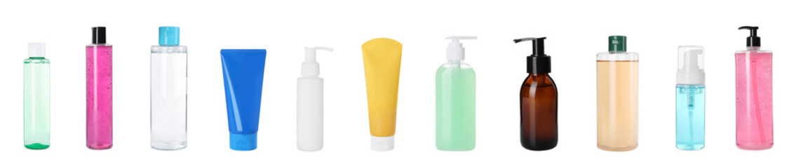 Set of different face cleansers or other cosmetic products isolated on white