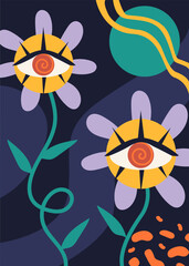 Fototapeta na wymiar Eyes and flowers abstract poster. Traditional patterns and ornaments with colorful plants. Era hippie, 80s and 90s. Cover, booklet, flyer and banner for website. Cartoon flat vector illustration