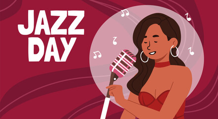 Jazz day concept. Woman with microphone in red dress. Singer performs, musician at scene. International holiday and festival. Poster or banner for website. Cartoon flat vector illustration