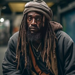 Close up of homeless man African American Heritage Poverty in the USA generative ai