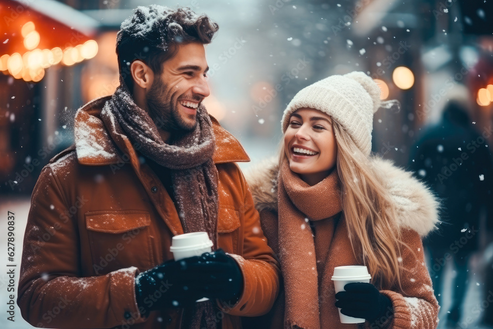 Wall mural A young cheerful couple having a walk with hot drinks, dressed warm, looking at each other and laughing, snowflakes all around. Enjoying Christmas Market