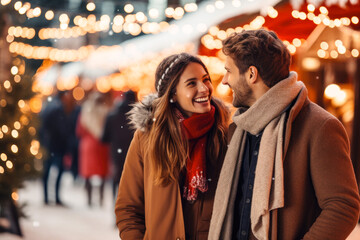 A young cheerful couple having a walk with hot drinks, dressed warm, looking at each other and laughing, snowflakes all around. Enjoying Christmas Market