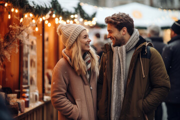 A young cheerful couple having a walk with hot drinks, dressed warm, looking at each other and laughing, snowflakes all around. Enjoying Christmas Market