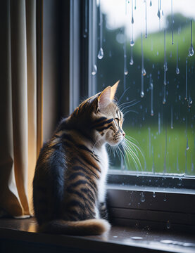 cen&aacute;rio em que um ador&aacute;vel gato esteja sentado no parapeito da janela, observando a chuva caindo l&aacute; fora.