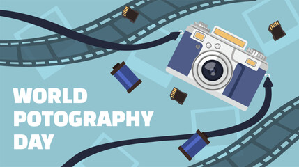 World photography day concept. Camera for tape reel. International holiday and festival. Microchips for photo storage. Poster or banner for website. Cartoon flat vector illustration