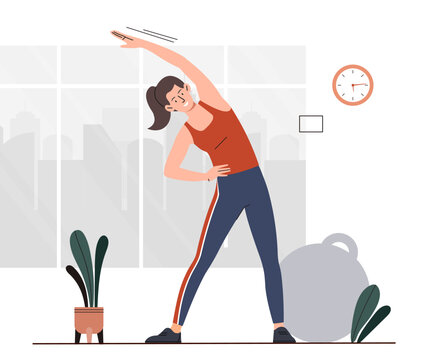 Woman exercising at home concept. Young girl warming up and stretching. Fitness and workout, active lifestyle, yoga. Sportswoman and athlete indoor. Cartoon flat vector illustration