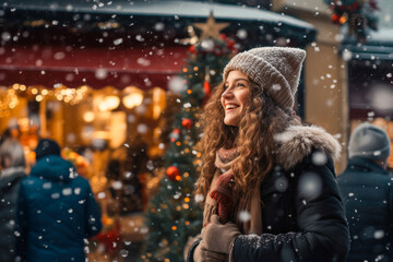 An attractive young woman standing outside in the snow and enjoying Christmas Market - obrazy, fototapety, plakaty