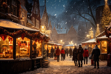 Fototapeta na wymiar Enjoying Christmas Market, blurred people walking in the street and standing near stalls