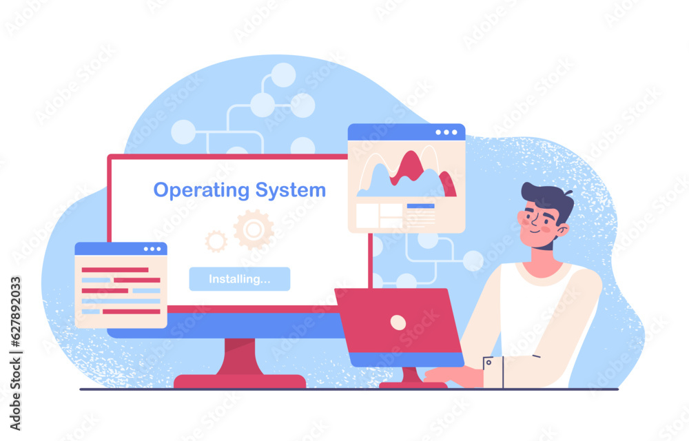 Poster operating system concept. man behind laptop updates computer, downloads and uploads files. it specia