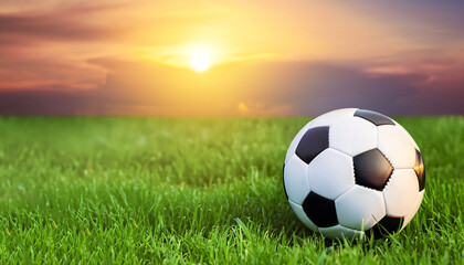 soccer ball on green grass with sunset background.