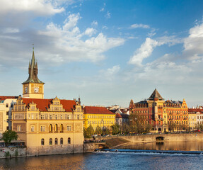 Fototapeta premium Prague Stare Mesto embankment view from Charles bridge on sunset. Prague, Czech Republic
