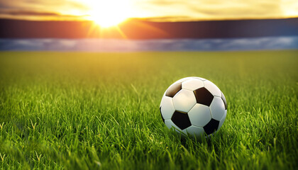 soccer ball on green grass with sunset background.
