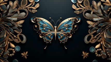 Abstract pattern of a enameled common blue butterfly in art nouveau style. Made with Generative AI.