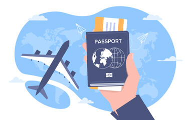 Plane ticket with passport concept. Travel and immigration. Tourism, flight and trip, journey. Holiday and vacation. Pass to airplane. Template, layout and mock up. Cartoon flat vector illustration