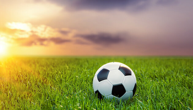 soccer ball on green grass with sunset background.