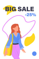 Shopping girl banner. Discounts and promotions, special limited offer. Marketing and commerce, advertising booklet or flyer. Online shopping. Poster or cover. Cartoon flat vector illustration