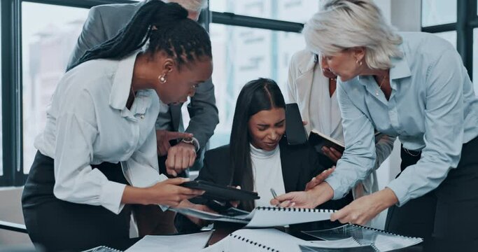 Stress, headache and employee multitasking with business people and frustrated with pressure, team and chaos with paperwork. Anxiety, mental health or worker overwhelmed by group or burnout in crisis