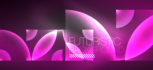 Shiny neon geometric abstract background. Glowing lights on round shapes, triangles and circles. Wallpaper for concept of AI technology, blockchain, communication, 5G, science, business