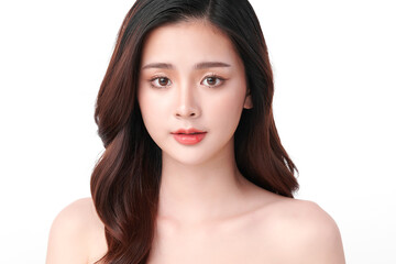 Obraz premium Beautiful young asian woman with clean fresh skin on white background, Face care, Facial treatment, Cosmetology, beauty and spa, Asian women portrait.