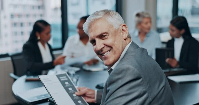 Meeting, collaboration and a senior business man in the boardroom with his team for planning or training. Portrait, teamwork and smile of a mature male manager in an office for a strategy workshop