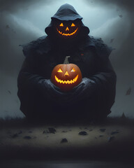 Grim reaper with pumpkin head holding jack o lantern
