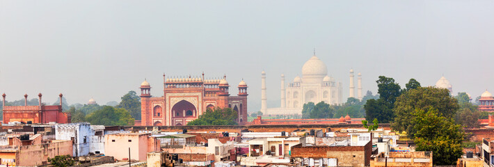 Panorama of Taj Mahal view over roofs of Agra
