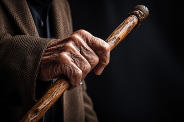 Close-up of the hands of an old man holding a cane.old man holding a cane. ai generative