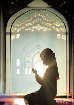 Muslim Islam kid child girl praying with mosque in background. Concept of Islam Islamic Ramadhan Ramadan Eid