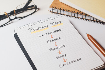 Business memorandum writing format idea handwritten on notepad.