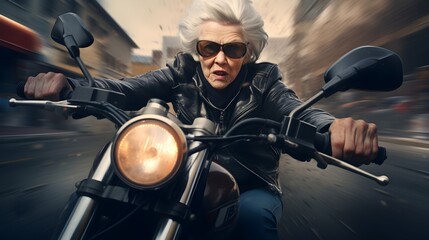 Fototapeta na wymiar Elderly woman speeding on a motorcycle