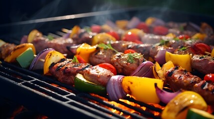skewers kebabs cooking on a propane outdoor grill