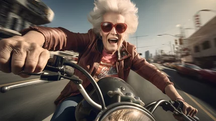 Poster grandma on a thrilling motorcycle ride in the middle of the desert road route 66 © Dee